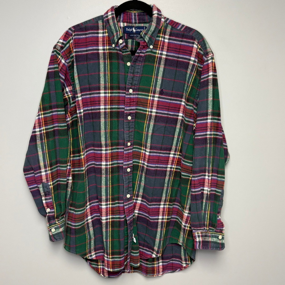 Polo Ralph Lauren Green Red Tartan Plaid Cotton Heavy Gorpcore Work Flannel Sz M